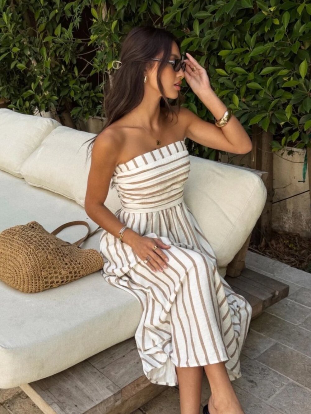 Brown Ivory Strapless Stripe Smocked Midi Dress
